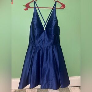 Blondie Nites Navy Blue Satin V-Neck Fit & Flare Dress